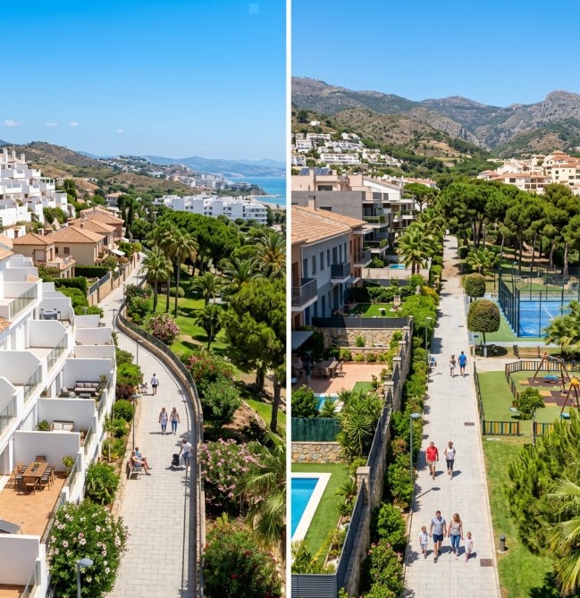 Vistas de los parques, avenidas y urbanizaciones residenciales del barrio de Los Pacos en Fuengirola, Málaga
